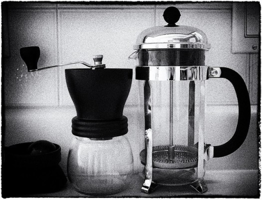 French Press and coffee grinder